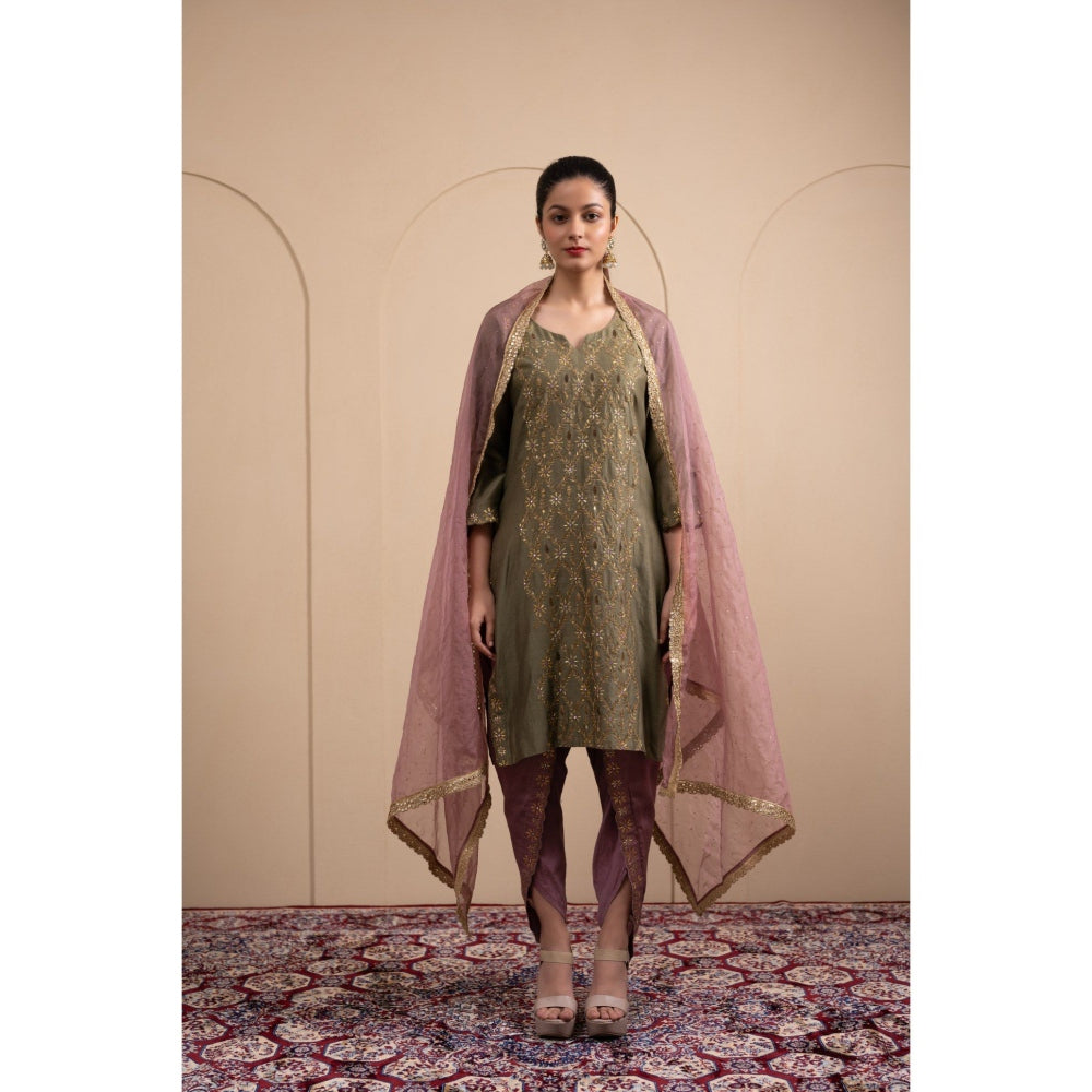 LABEL TANYA CHOPRA Olive Green Chanderi Kurta and Dhoti with Dupatta (Set of 3)