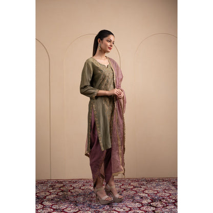 LABEL TANYA CHOPRA Olive Green Chanderi Kurta and Dhoti with Dupatta (Set of 3)