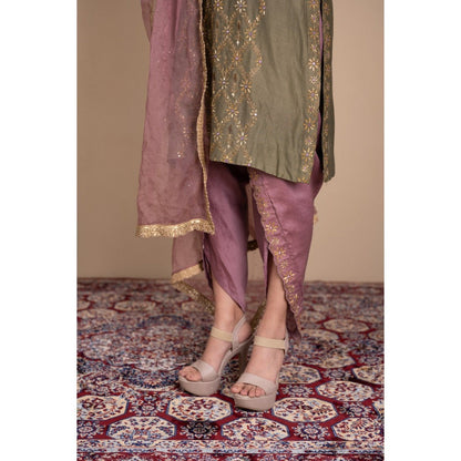 LABEL TANYA CHOPRA Olive Green Chanderi Kurta and Dhoti with Dupatta (Set of 3)