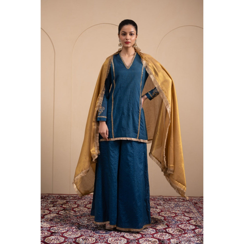 LABEL TANYA CHOPRA Blue Chanderi Kurta and Palazzos with Dupatta (Set of 3)