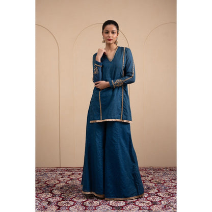 LABEL TANYA CHOPRA Blue Chanderi Kurta and Palazzos with Dupatta (Set of 3)