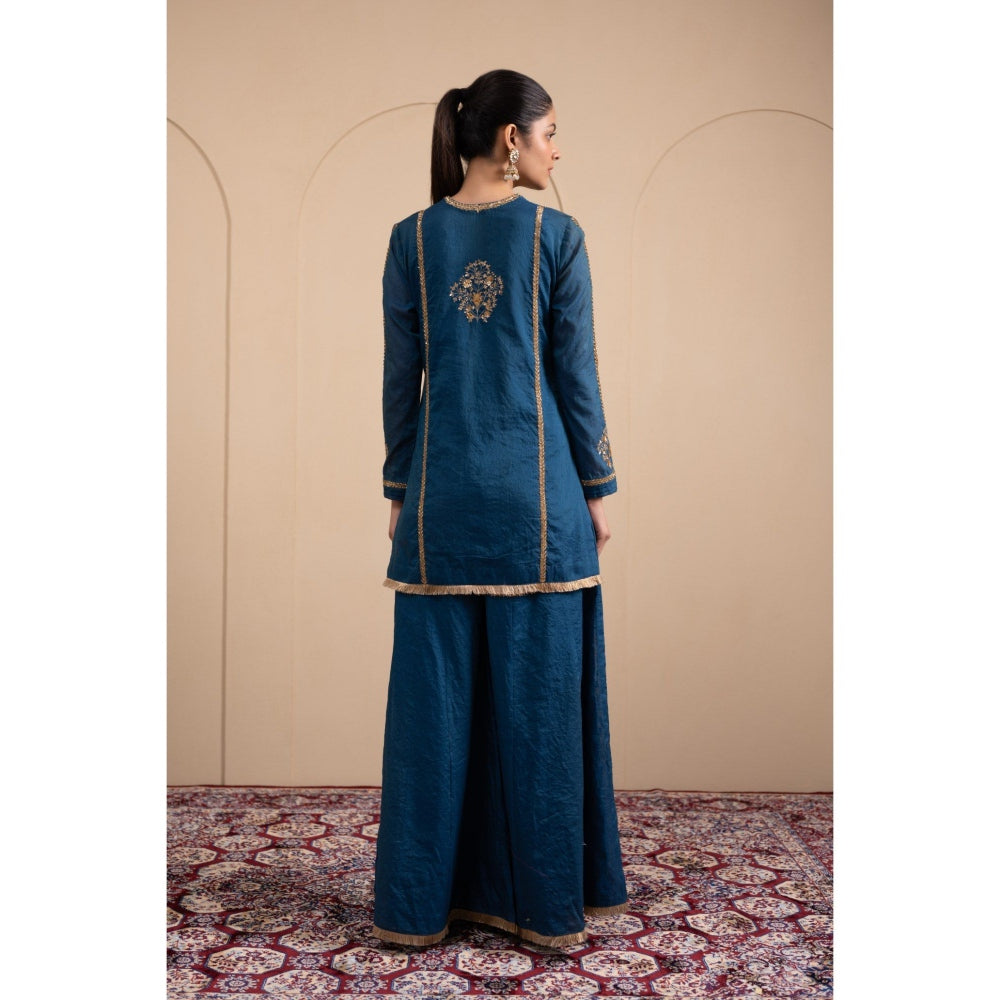LABEL TANYA CHOPRA Blue Chanderi Kurta and Palazzos with Dupatta (Set of 3)
