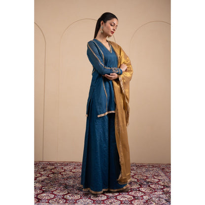 LABEL TANYA CHOPRA Blue Chanderi Kurta and Palazzos with Dupatta (Set of 3)