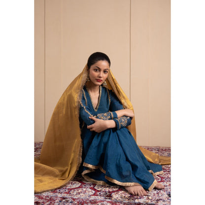 LABEL TANYA CHOPRA Blue Chanderi Kurta and Palazzos with Dupatta (Set of 3)