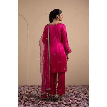 LABEL TANYA CHOPRA Pink Satin Kurta and Trouser with Dupatta (Set of 3)