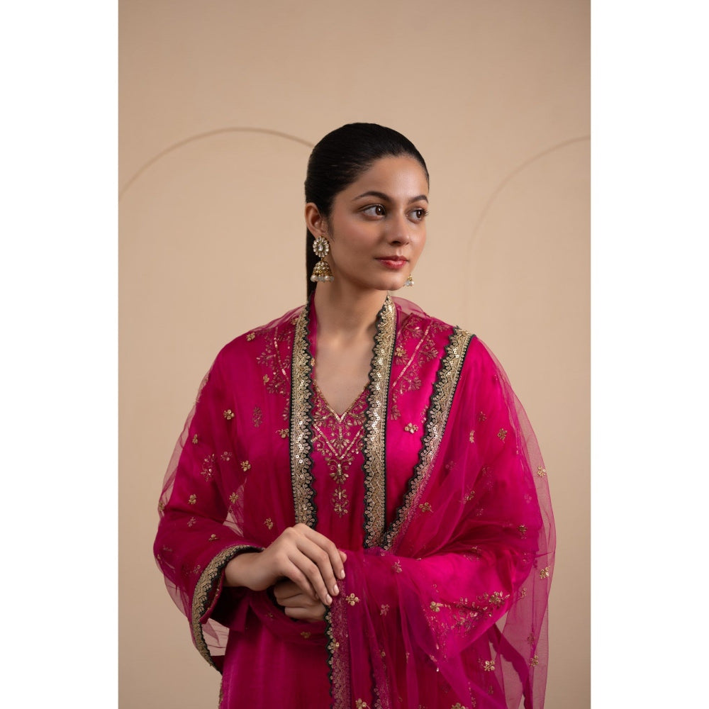 LABEL TANYA CHOPRA Pink Satin Kurta and Trouser with Dupatta (Set of 3)