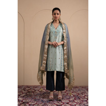 LABEL TANYA CHOPRA Blue Chanderi Kurta and Trouser with Dupatta (Set of 3)