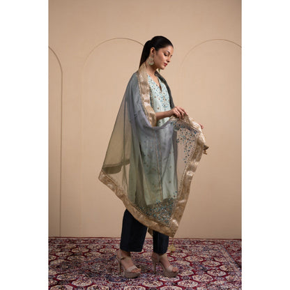 LABEL TANYA CHOPRA Blue Chanderi Kurta and Trouser with Dupatta (Set of 3)