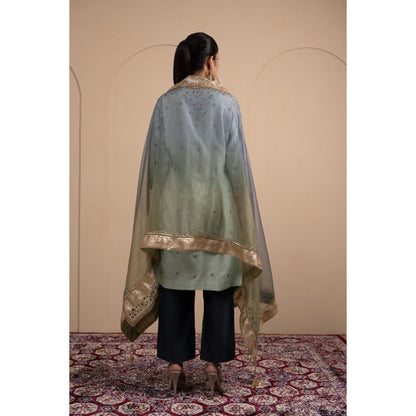 LABEL TANYA CHOPRA Blue Chanderi Kurta and Trouser with Dupatta (Set of 3)