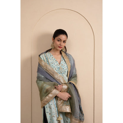 LABEL TANYA CHOPRA Blue Chanderi Kurta and Trouser with Dupatta (Set of 3)