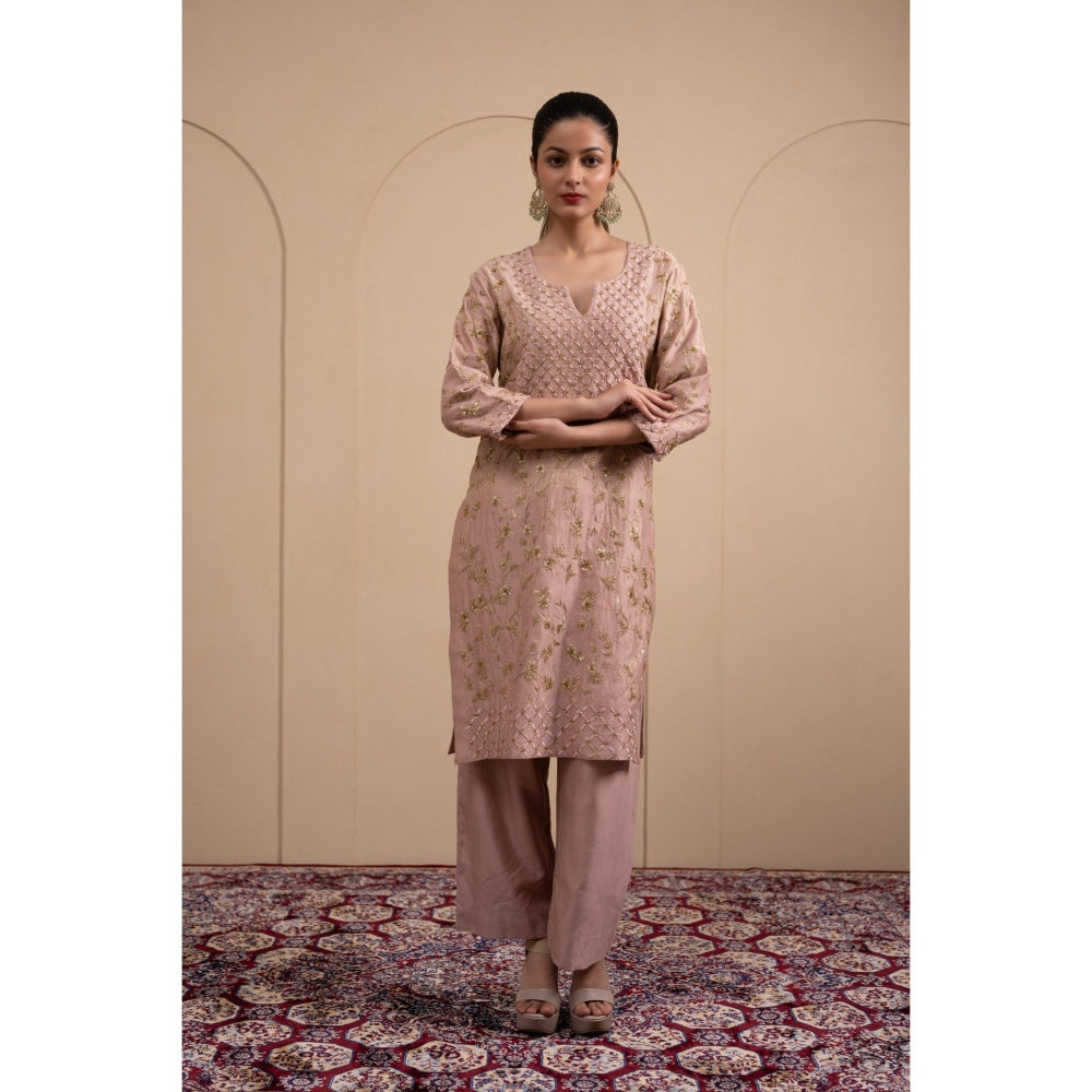 LABEL TANYA CHOPRA Pink Chanderi Kurta and Trouser with Dupatta (Set of 3)