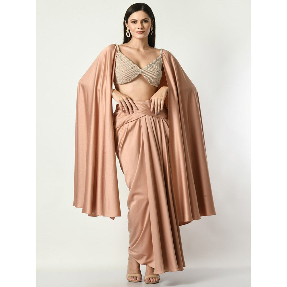 Sunanta Madaan Rose Gold Drape Skirt and Pearl Blouse with Open Cape Sleeves (Set of 2)