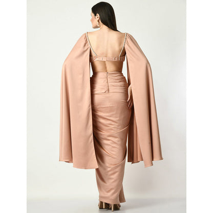 Sunanta Madaan Rose Gold Drape Skirt and Pearl Blouse with Open Cape Sleeves (Set of 2)
