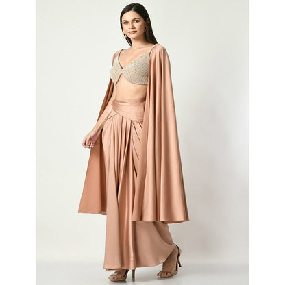 Sunanta Madaan Rose Gold Drape Skirt and Pearl Blouse with Open Cape Sleeves (Set of 2)