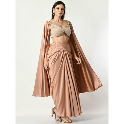 Sunanta Madaan Rose Gold Drape Skirt and Pearl Blouse with Open Cape Sleeves (Set of 2)