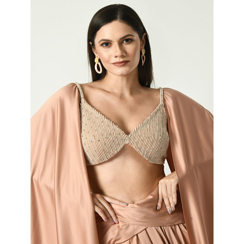 Sunanta Madaan Rose Gold Drape Skirt and Pearl Blouse with Open Cape Sleeves (Set of 2)
