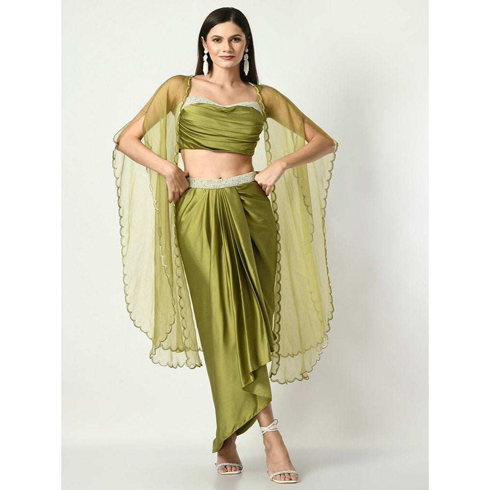 Sunanta Madaan Green Dhoti Skirt with Sequined Crop Top and Cape (Set of 3)