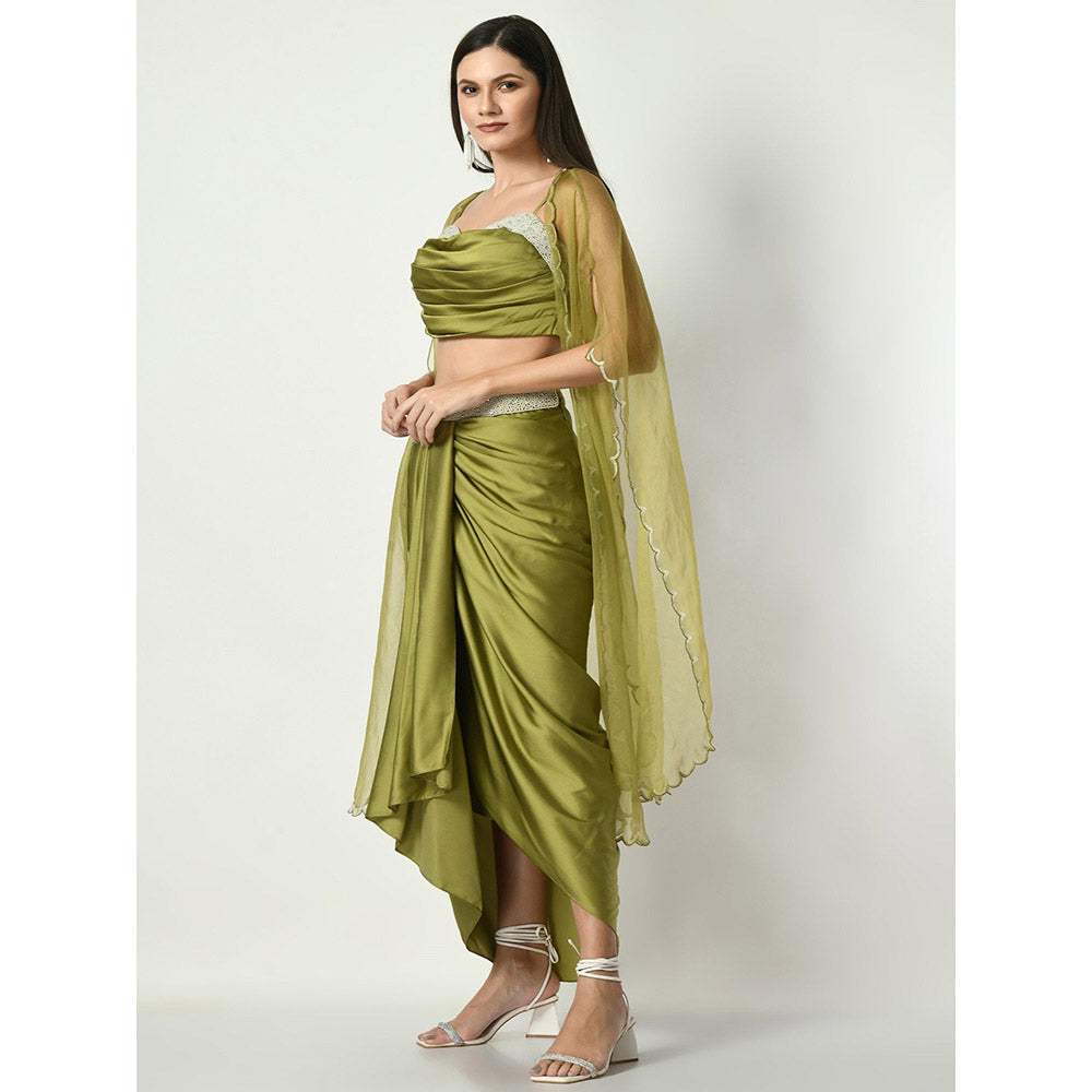 Sunanta Madaan Green Dhoti Skirt with Sequined Crop Top and Cape (Set of 3)