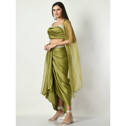Sunanta Madaan Green Dhoti Skirt with Sequined Crop Top and Cape (Set of 3)