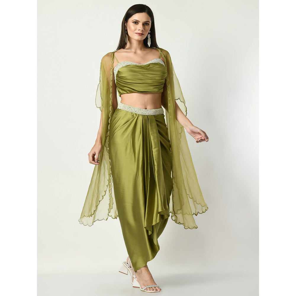 Sunanta Madaan Green Dhoti Skirt with Sequined Crop Top and Cape (Set of 3)