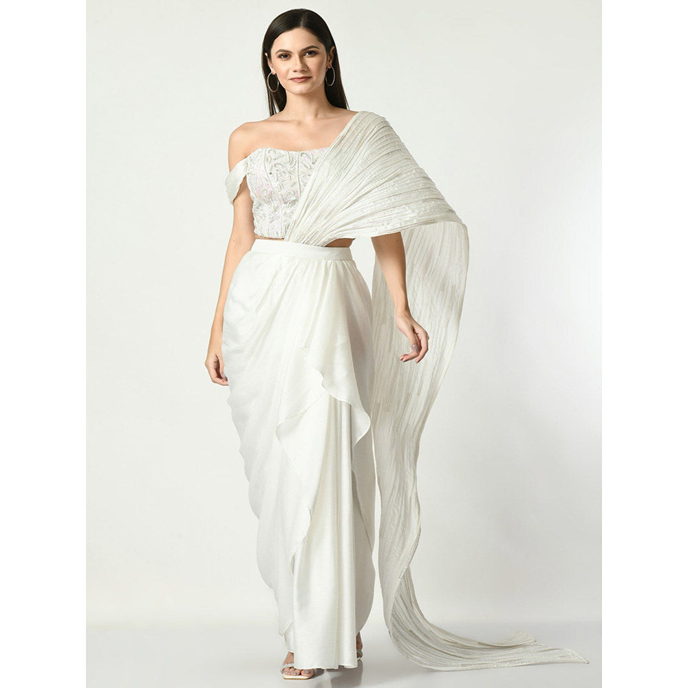 Sunanta Madaan White Swirl Pre-draped Saree Embroidery Sequin Corset with Stitched Blouse