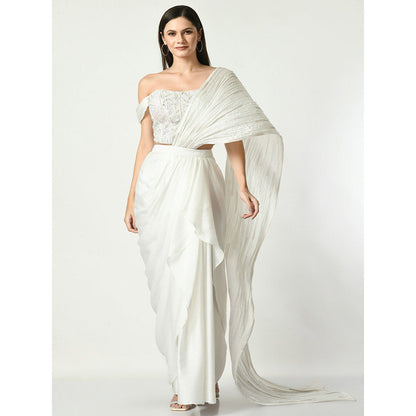 Sunanta Madaan White Swirl Pre-draped Saree Embroidery Sequin Corset with Stitched Blouse