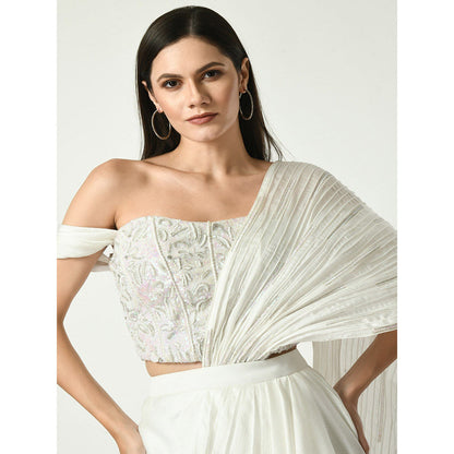 Sunanta Madaan White Swirl Pre-draped Saree Embroidery Sequin Corset with Stitched Blouse