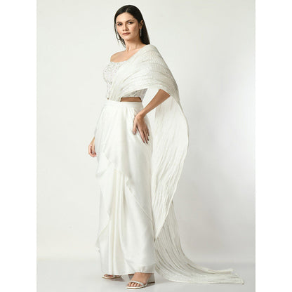 Sunanta Madaan White Swirl Pre-draped Saree Embroidery Sequin Corset with Stitched Blouse