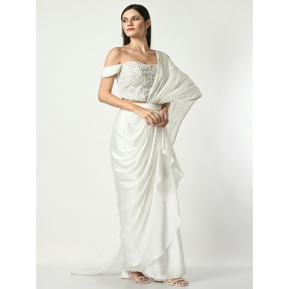 Sunanta Madaan White Swirl Pre-draped Saree Embroidery Sequin Corset with Stitched Blouse