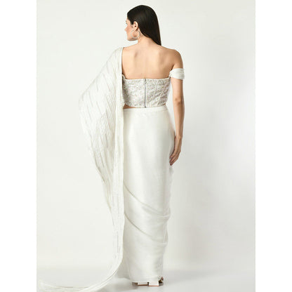 Sunanta Madaan White Swirl Pre-draped Saree Embroidery Sequin Corset with Stitched Blouse