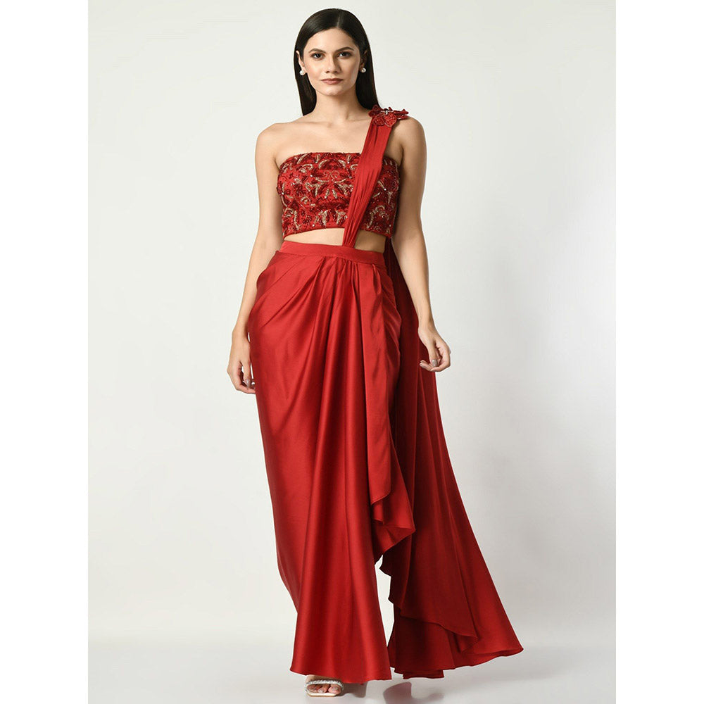 Sunanta Madaan Red Pre-draped Saree with Strapless Corset Sequined with Stitched Blouse