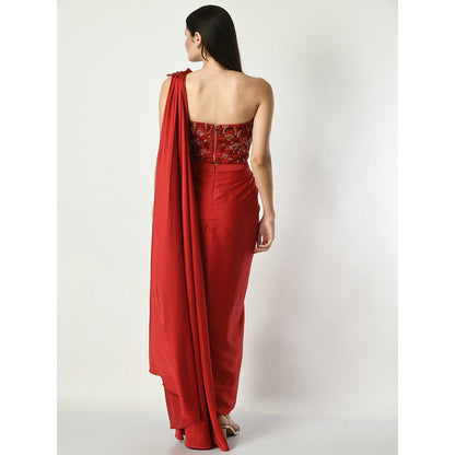 Sunanta Madaan Red Pre-draped Saree with Strapless Corset Sequined with Stitched Blouse