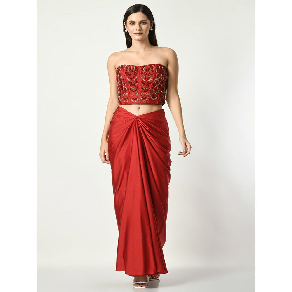 Sunanta Madaan Red Skirt with Strapless Sequined Crop Top (Set of 2)