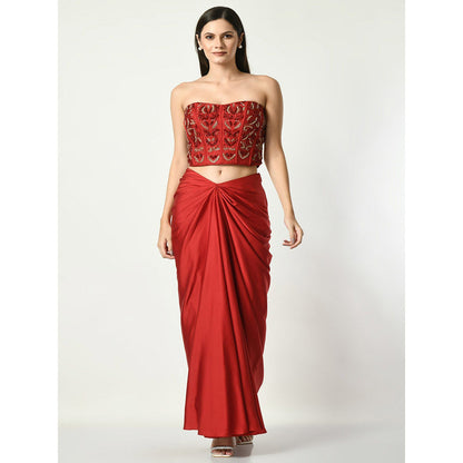 Sunanta Madaan Red Skirt with Strapless Sequined Crop Top (Set of 2)