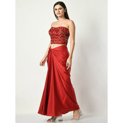 Sunanta Madaan Red Skirt with Strapless Sequined Crop Top (Set of 2)