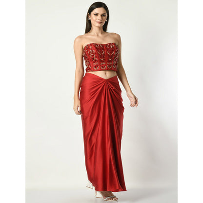 Sunanta Madaan Red Skirt with Strapless Sequined Crop Top (Set of 2)