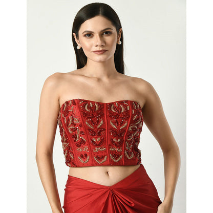 Sunanta Madaan Red Skirt with Strapless Sequined Crop Top (Set of 2)
