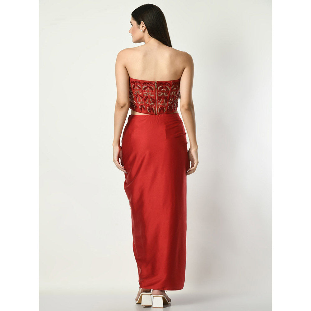 Sunanta Madaan Red Skirt with Strapless Sequined Crop Top (Set of 2)