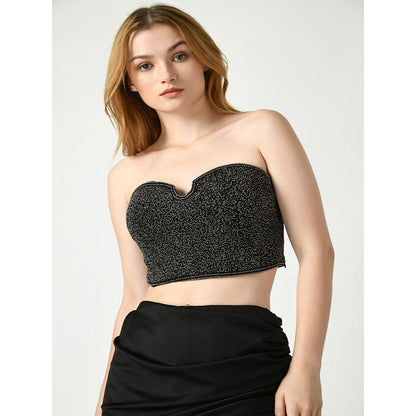 Sunanta Madaan Black Draped Skirt with Sequined Crop Top (Set of 2)
