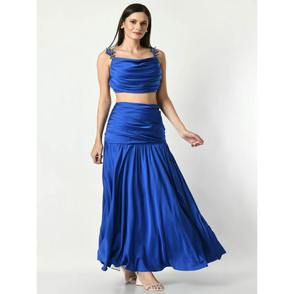 Sunanta Madaan Royal Blue Skirt with Embroidered Crop Top (Set of 2)