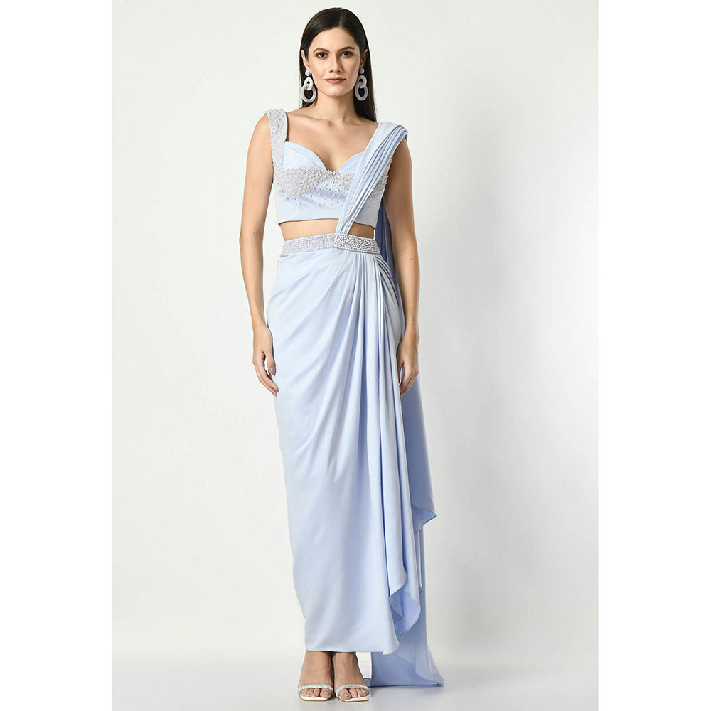 Sunanta Madaan Blue Pearl Embroidered Skirt with Attached Draped and Blouse (Set of 2)