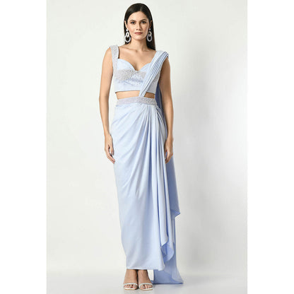 Sunanta Madaan Blue Pearl Embroidered Skirt with Attached Draped and Blouse (Set of 2)