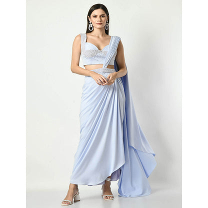 Sunanta Madaan Blue Pearl Embroidered Skirt with Attached Draped and Blouse (Set of 2)