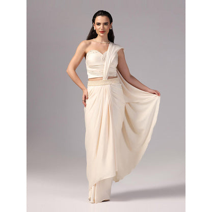 Sunanta Madaan Ivory Indo Western Pre-Draped Saree with Stitched Blouse