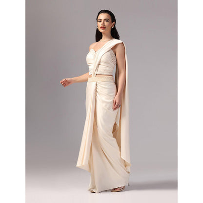 Sunanta Madaan Ivory Indo Western Pre-Draped Saree with Stitched Blouse