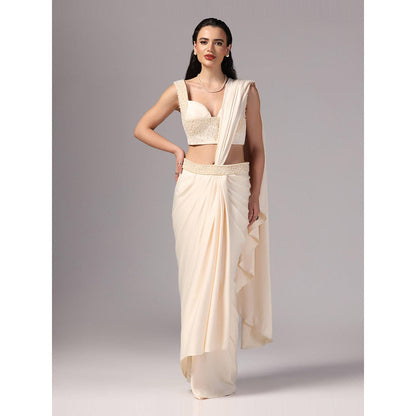 Sunanta Madaan Ivory Indo Western Pre-Draped Saree with Stitched Blouse