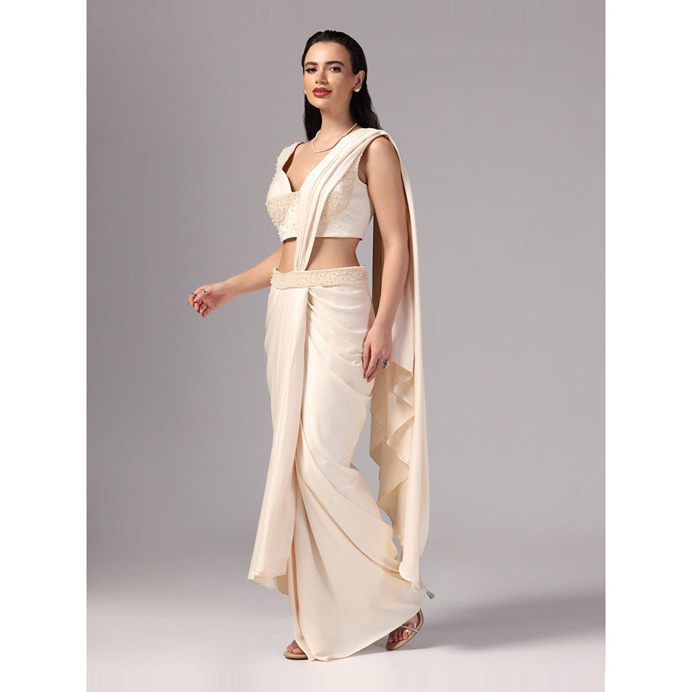 Sunanta Madaan Ivory Indo Western Pre-Draped Saree with Stitched Blouse
