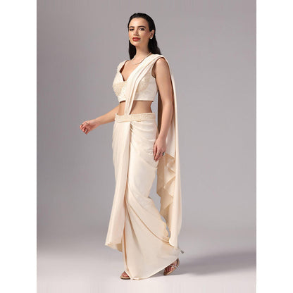 Sunanta Madaan Ivory Indo Western Pre-Draped Saree with Stitched Blouse