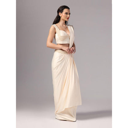 Sunanta Madaan Ivory Indo Western Pre-Draped Saree with Stitched Blouse