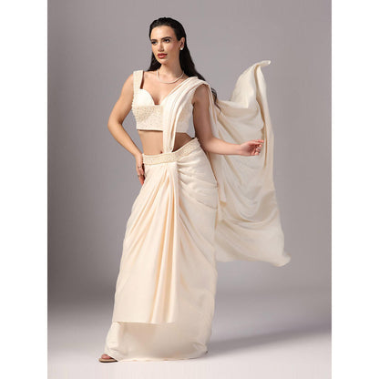 Sunanta Madaan Ivory Indo Western Pre-Draped Saree with Stitched Blouse